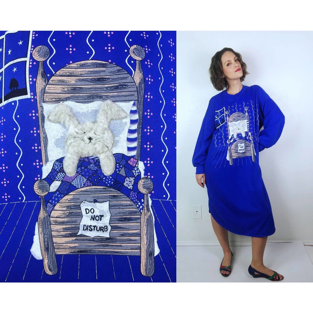 vintage 80s Fuzzy BUNNY pj PAJAMA DRESS os "Do Not Disturb" loungewear novelty